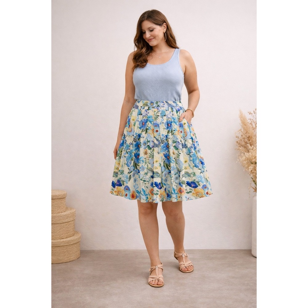 Talbots Floral Pleated A-Line Skirt Blue Yellow Botanical‎ Cotton Blend Size 4